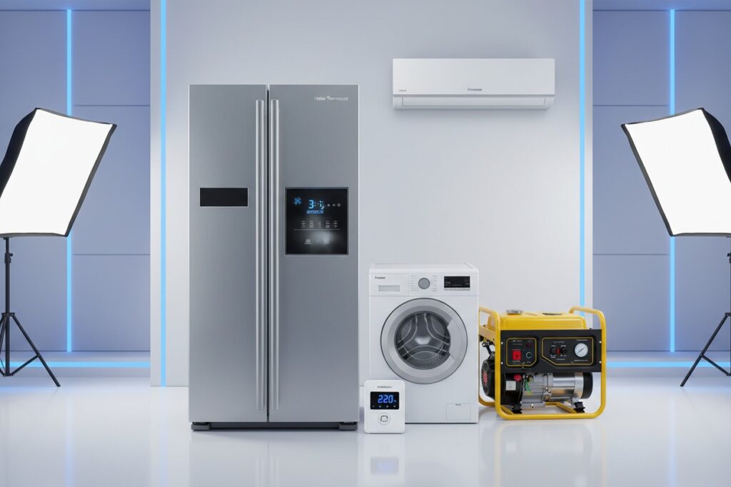 A studio setup displays a collection of household appliances, including a silver side-by-side refrigerator, a white washing machine with a small digital device in front, an air conditioner mounted on the wall, and a yellow portable generator, all illuminated by two large softbox lights on either side.